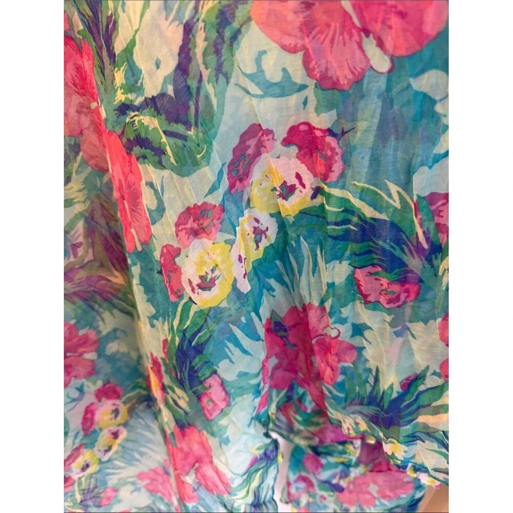 Tropical Floral Sheer Scarf Wrap Sarong Pareo - Teal, Pink, Yellow Colorful